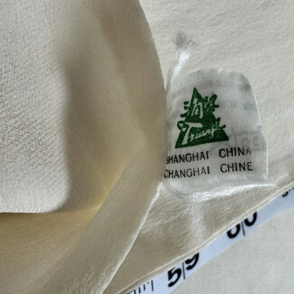 Vintage Embroidered Silk Scarf Fringe Boho Cottagecore Folk Art Cream Minimalist
